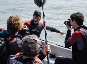 Filming in a boat near Coverack in Cornwall, with Jonathan Pie working on Pie Net Zero as a sound recordist for Spanner Films