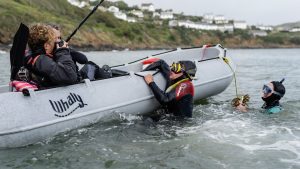 Working as a sound recordist on Pie Net Zero for Spanner Films, Jonathan Pie hangs on to the boat