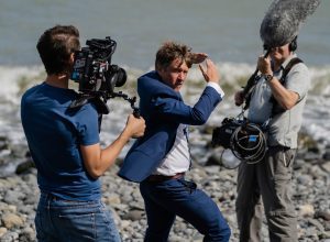 Filming on Coverack Beach in Cornwall, with Jonathan Pie working on Pie Net Zero as a sound recordist for Spanner Films