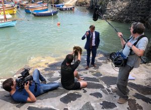 Filming in Coverack harbour in Cornwall, with Jonathan Pie working on Pie Net Zero as a sound recordist for Spanner Films